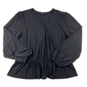 Ann Taylor Womens Sz Large Faux Wrap Peasant Balloon Sleeve Blouse Black Stretch